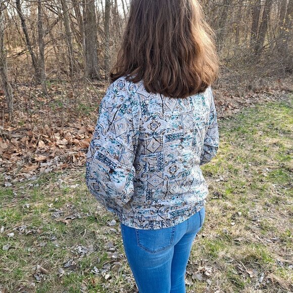 Vintage 1980s Retro Nylon Windbreaker Jacket Large Abstract Print Grey Blue - Picture 4 of 9